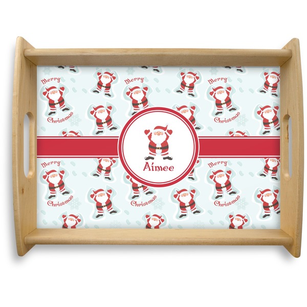 Custom Santa Clause Making Snow Angels Natural Wooden Tray - Large w/ Name or Text