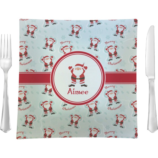 Custom Santa Clause Making Snow Angels 9.5" Glass Square Lunch / Dinner Plate- Single or Set of 4 (Personalized)