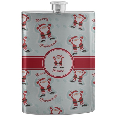 Santa Clause Making Snow Angels Stainless Steel Flask w/ Name or Text