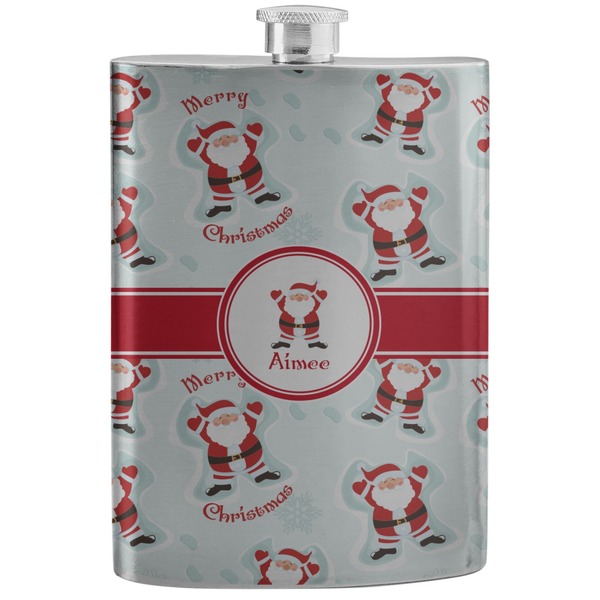 Custom Santa Clause Making Snow Angels Stainless Steel Flask w/ Name or Text