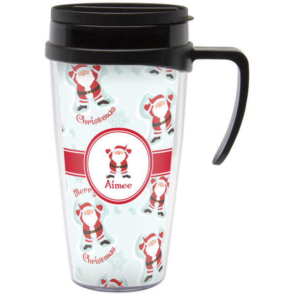 Custom Santa Clause Making Snow Angels Acrylic Travel Mug with Handle (Personalized)