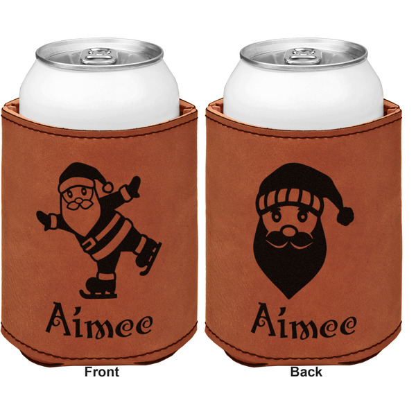 Santa Clause Making Snow Angels Cognac Leatherette Can Sleeve - Double Sided Front and Back