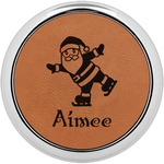 Santa Clause Making Snow Angels Leatherette Round Coaster w/ Silver Edge (Personalized)
