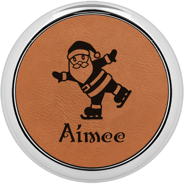 Custom Santa Clause Making Snow Angels Leatherette Round Coaster w/ Silver Edge (Personalized)