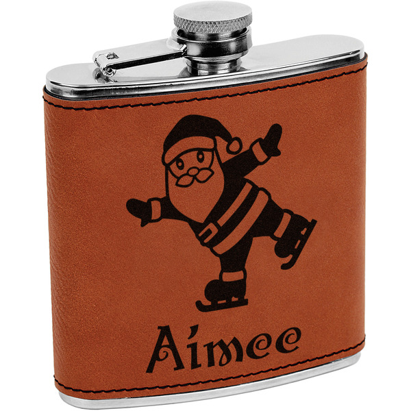 Custom Santa Clause Making Snow Angels Leatherette Wrapped Stainless Steel Flask (Personalized)