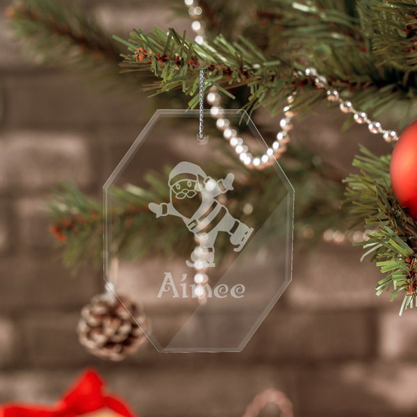 Santa Clause Making Snow Angels Engraved Glass Ornaments - Octagon (Lifestyle)