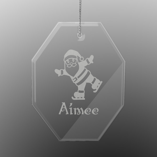 Custom Santa Clause Making Snow Angels Engraved Glass Ornament - Octagon (Personalized)