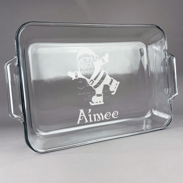 Custom Santa Clause Making Snow Angels Glass Baking Dish with Truefit Lid - 13in x 9in (Personalized)