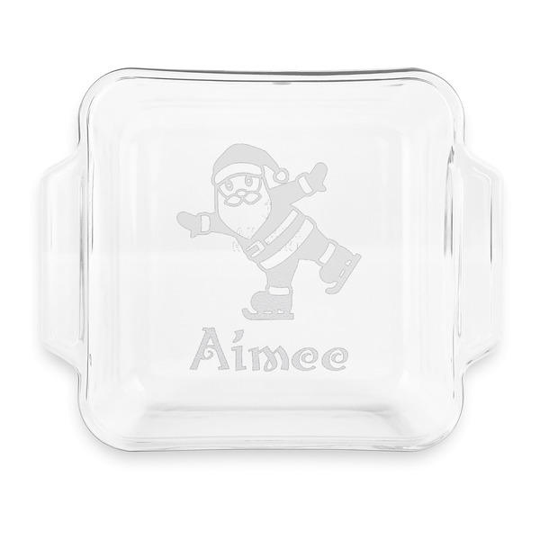 Custom Santa Clause Making Snow Angels Glass Cake Dish with Truefit Lid - 8in x 8in (Personalized)