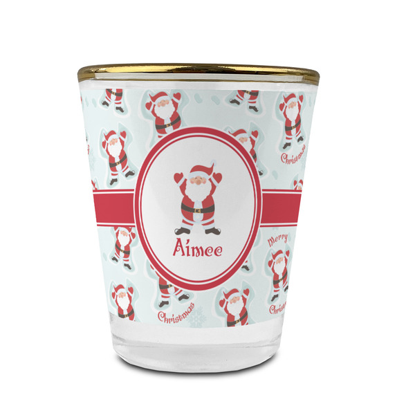 Santa Clause Making Snow Angels Glass Shot Glass - With gold rim - FRONT