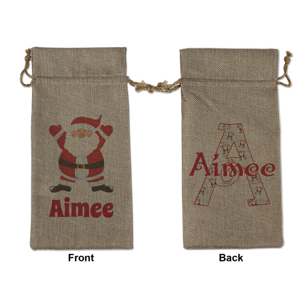 Custom Santa Clause Making Snow Angels Large Burlap Gift Bag - Front & Back (Personalized)