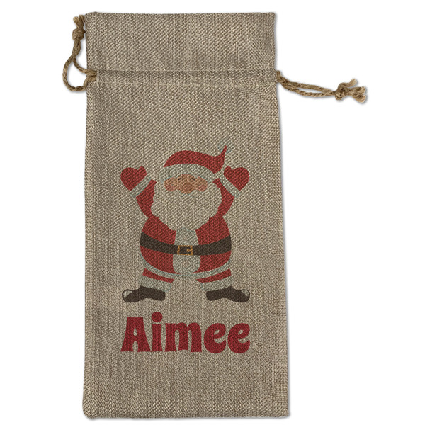 Santa Clause Making Snow Angels Large Burlap Gift Bags - Front