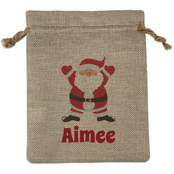 Custom Santa Clause Making Snow Angels Burlap Gift Bag (Personalized)
