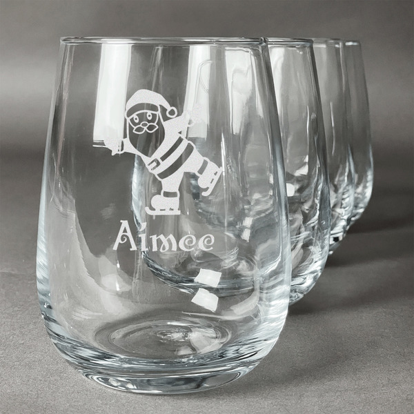 Custom Santa Clause Making Snow Angels Stemless Wine Glasses (Set of 4) (Personalized)