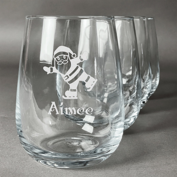Custom Santa Clause Making Snow Angels Stemless Wine Glasses (Set of 4) (Personalized)