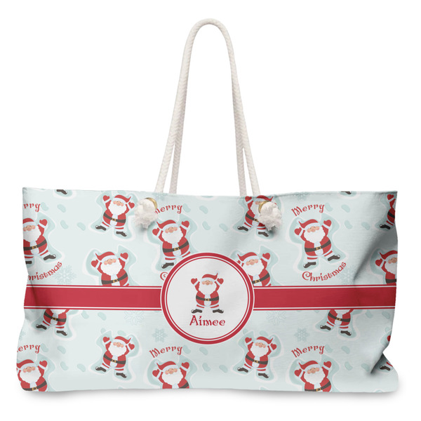 Custom Santa Clause Making Snow Angels Large Tote Bag with Rope Handles (Personalized)