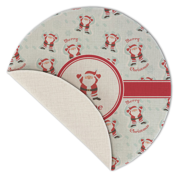 Santa Clause Making Snow Angels Round Linen Placemats - Front (folded corner single sided)