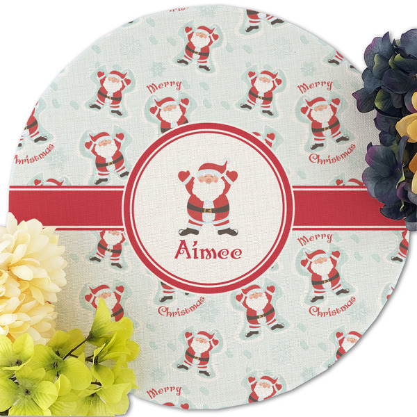 Santa Clause Making Snow Angels Round Linen Placemats - Front (w flowers)