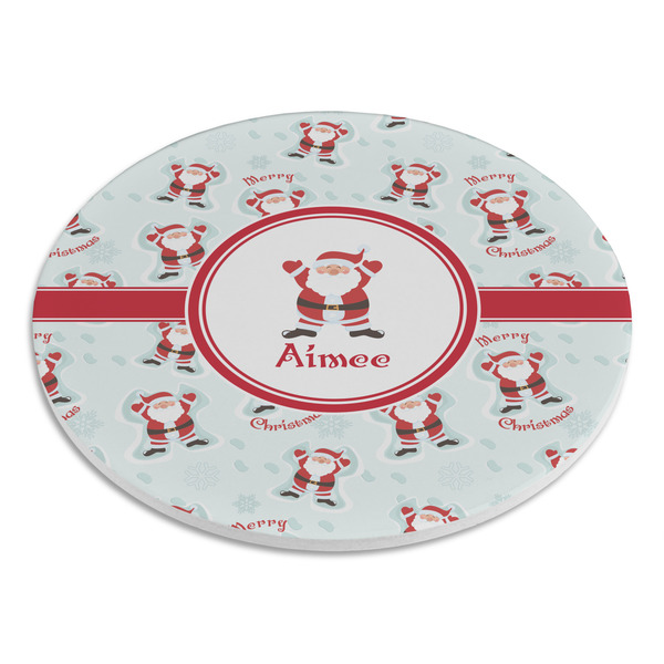 Santa Clause Making Snow Angels Round Stone Trivet - Angle View