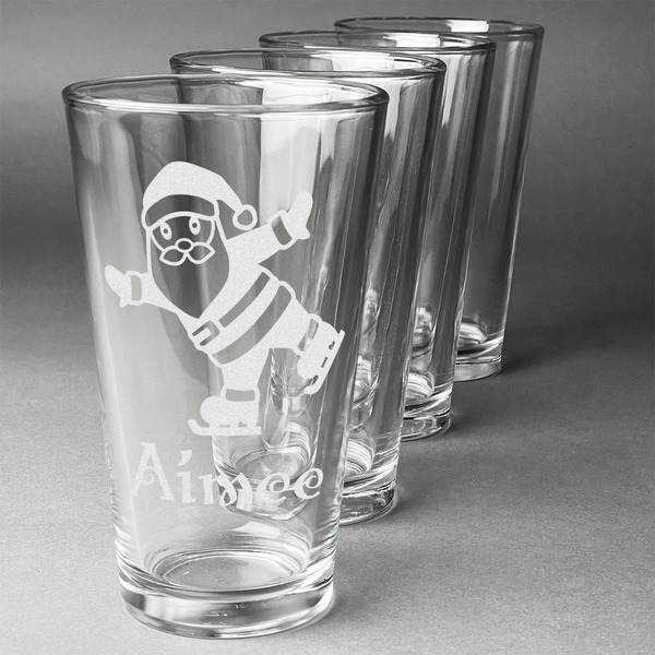 Custom Santa Clause Making Snow Angels Pint Glasses - Engraved (Set of 4) (Personalized)