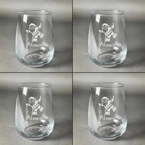 Santa Clause Making Snow Angels Set of Four Personalized Stemless Wineglasses (Approval)