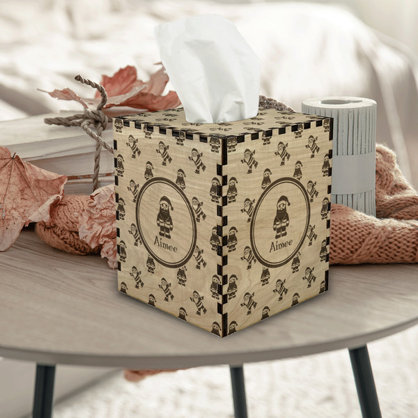 Santa Clause Making Snow Angels Square Tissue Box Covers - Wood - In Context