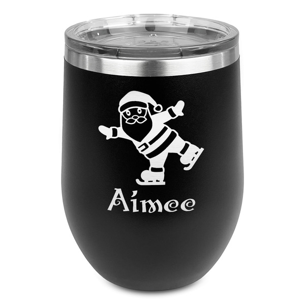 Custom Santa Clause Making Snow Angels Stemless Stainless Steel Wine Tumbler - Black - Double Sided (Personalized)