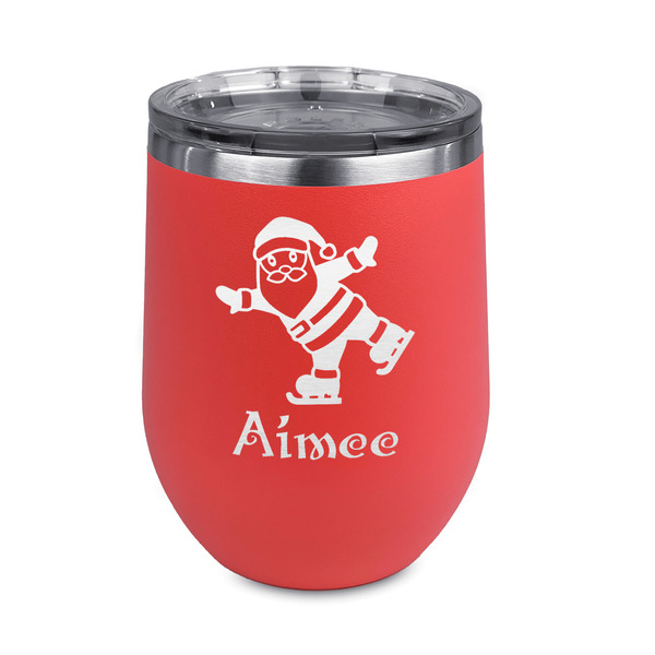 Custom Santa Clause Making Snow Angels Stemless Stainless Steel Wine Tumbler - Coral - Double Sided (Personalized)