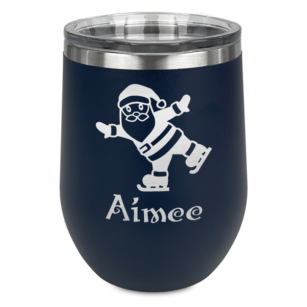 Custom Santa Clause Making Snow Angels Stemless Stainless Steel Wine Tumbler - Navy - Single Sided (Personalized)