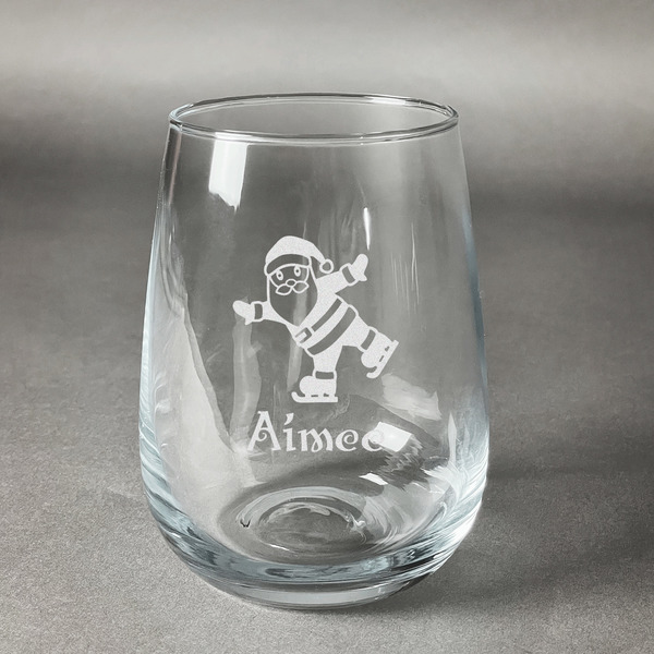 Custom Santa Clause Making Snow Angels Stemless Wine Glass (Single) (Personalized)