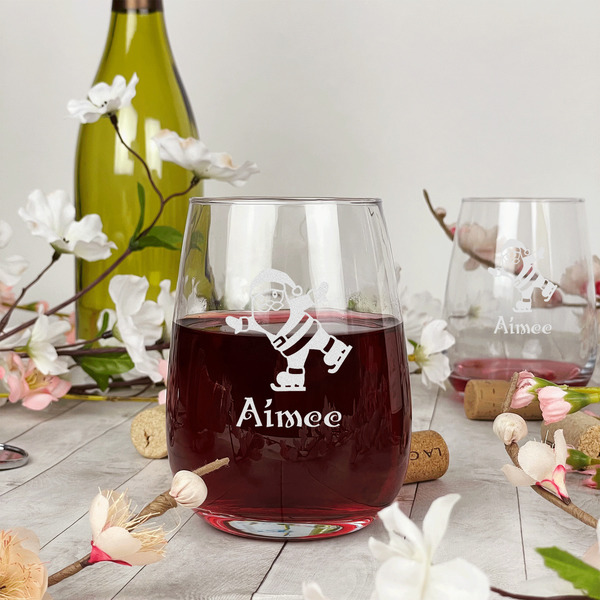 Santa Clause Making Snow Angels Stemless Wine Glass - In Context