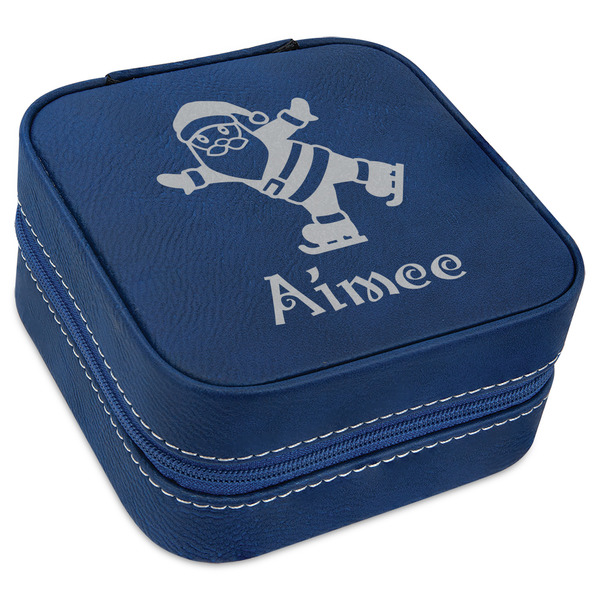 Custom Santa Clause Making Snow Angels Travel Jewelry Box - Navy Blue Leather (Personalized)