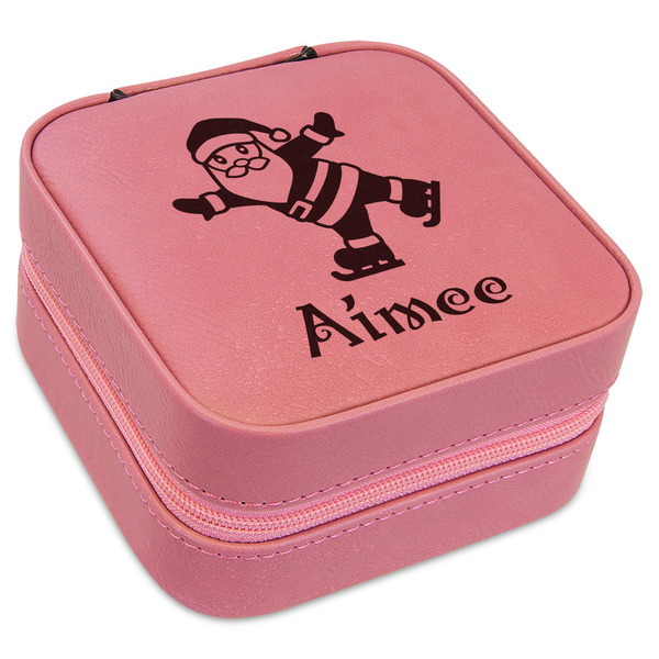 Custom Santa Clause Making Snow Angels Travel Jewelry Boxes - Pink Leather (Personalized)