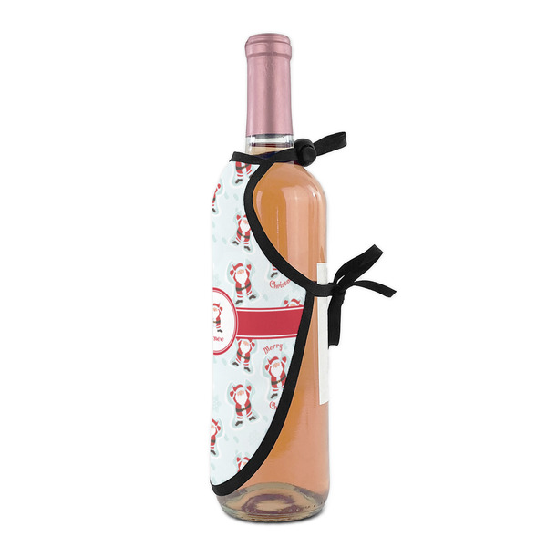 Santa Clause Making Snow Angels Wine Bottle Apron - DETAIL WITH CLIP ON NECK