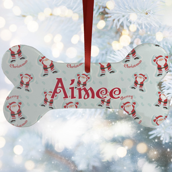 Custom Santa Clause Making Snow Angels Ceramic Dog Ornament w/ Name or Text