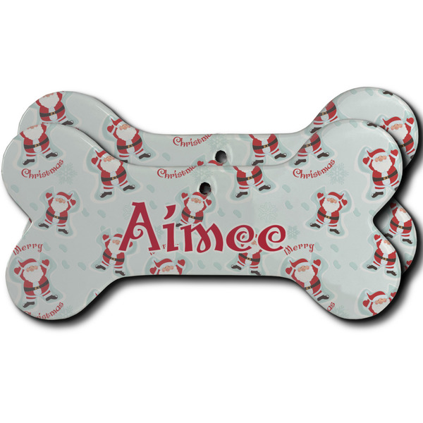 Custom Santa Clause Making Snow Angels Ceramic Dog Ornament - Front & Back w/ Name or Text