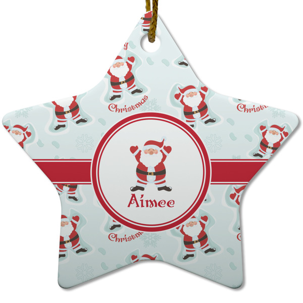 Custom Santa Clause Making Snow Angels Star Ceramic Ornament w/ Name or Text