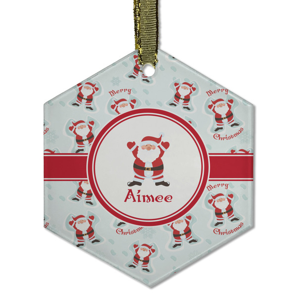 Custom Santa Clause Making Snow Angels Flat Glass Ornament - Hexagon w/ Name or Text
