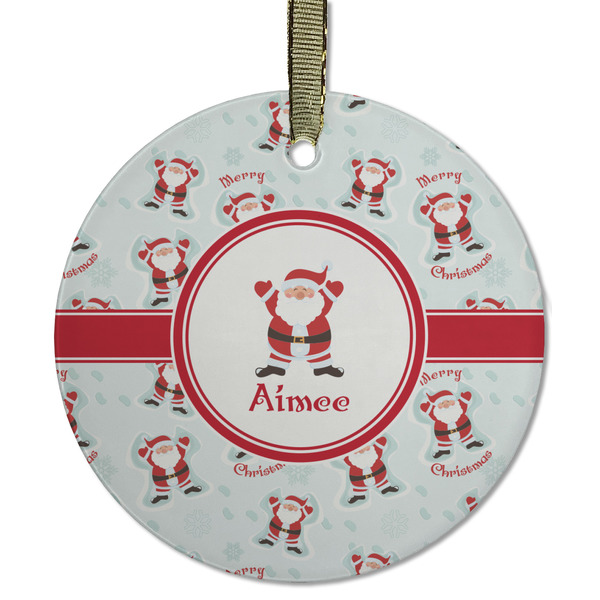 Custom Santa Clause Making Snow Angels Flat Glass Ornament - Round w/ Name or Text