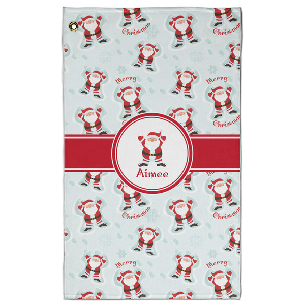 Custom Santa Clause Making Snow Angels Golf Towel - Poly-Cotton Blend w/ Name or Text