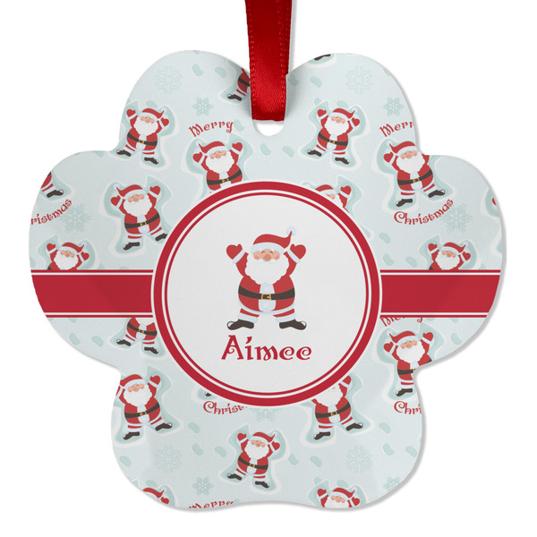 Custom Santa Clause Making Snow Angels Metal Paw Ornament - Double Sided w/ Name or Text