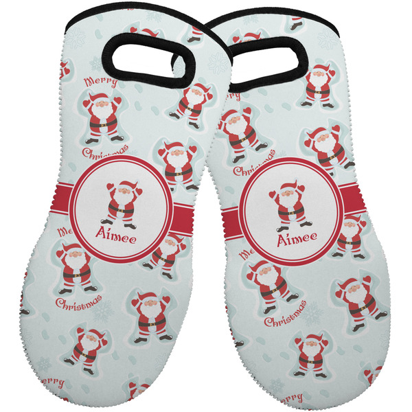 Custom Santa Clause Making Snow Angels Neoprene Oven Mitts - Set of 2 w/ Name or Text