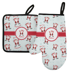 Santa Clause Making Snow Angels Left Oven Mitt & Pot Holder Set w/ Name or Text