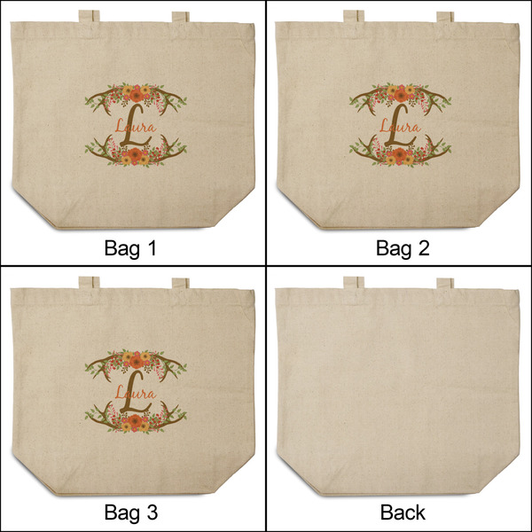 Floral Antler 3 Reusable Cotton Grocery Bags - Front & Back View