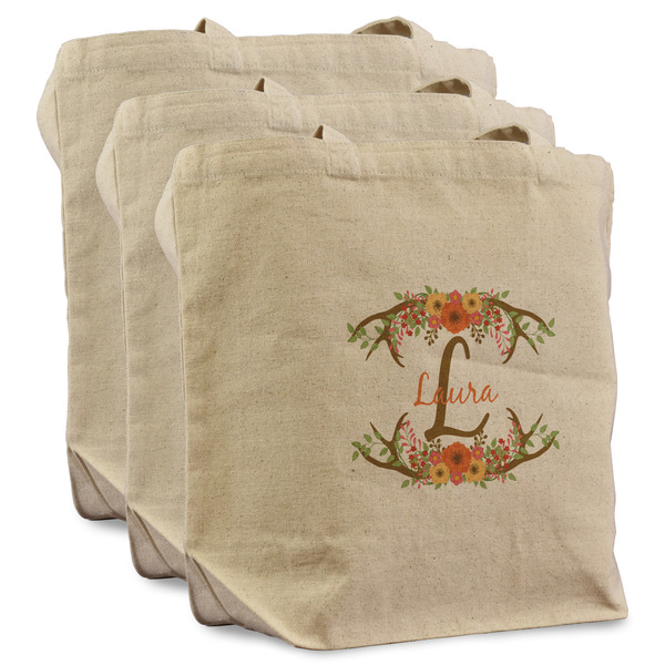Custom Floral Antler Reusable Cotton Grocery Bags - Set of 3 (Personalized)