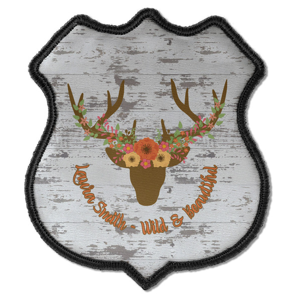 Custom Floral Antler Iron On Shield Patch C w/ Name or Text