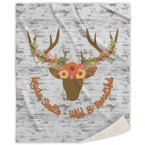 Custom Floral Antler Sherpa Throw Blanket - 60"x80" (Personalized)