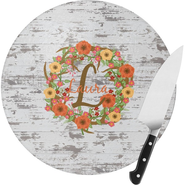 Custom Floral Antler Round Glass Cutting Board - Small (Personalized)