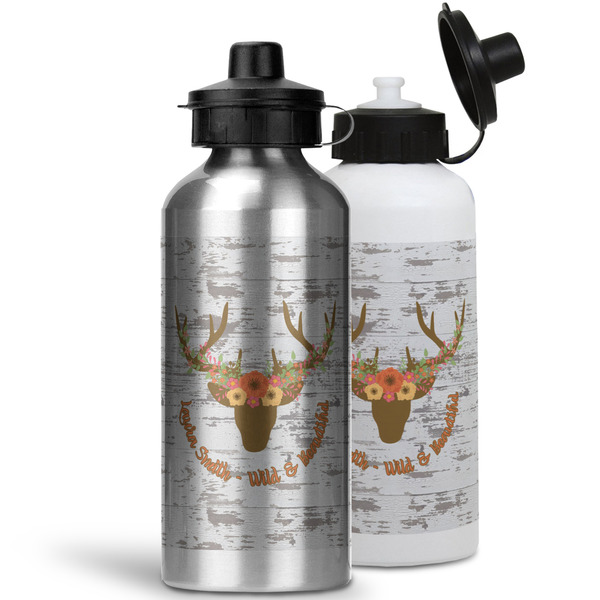 Floral Antler Aluminum Water Bottles - MAIN (white &silver)