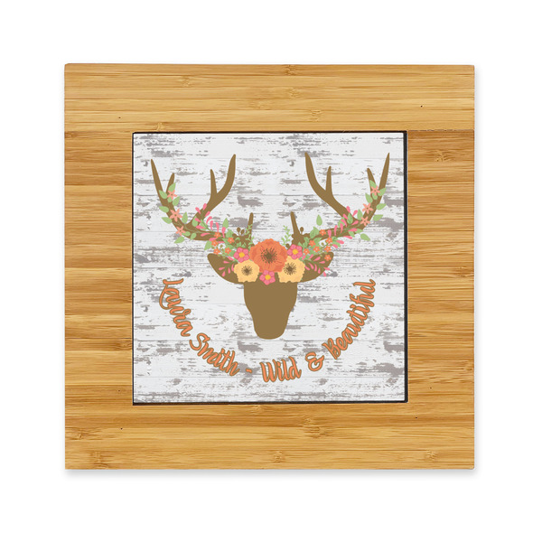 Custom Floral Antler Bamboo Trivet with Ceramic Tile Insert (Personalized)